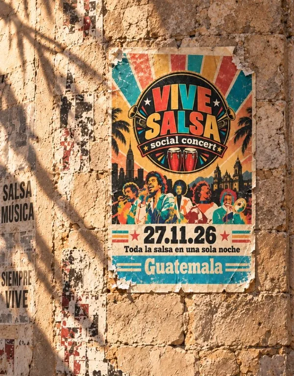Afiche de Vive Salsa visto desde lejos sobre un muro de piedra