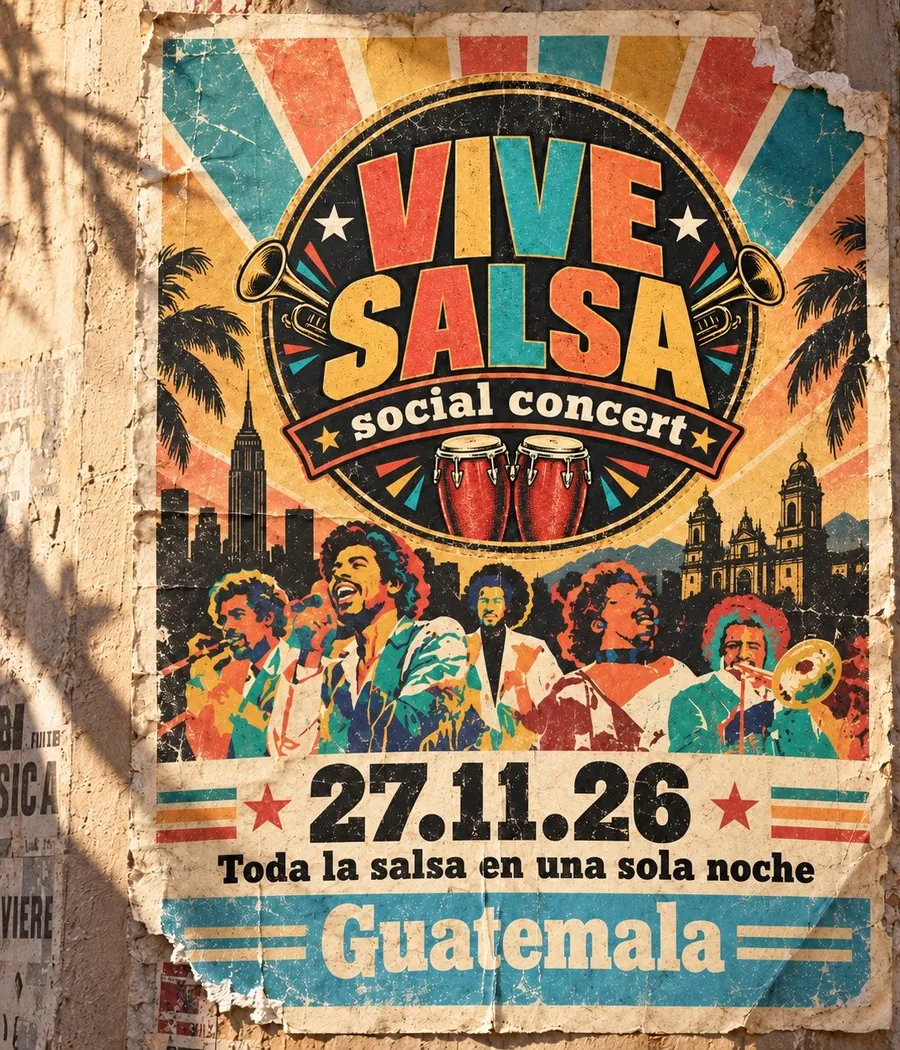Afiche de Vive Salsa pegado en una pared: 27.11.26, toda la salsa en una sola noche, Guatemala