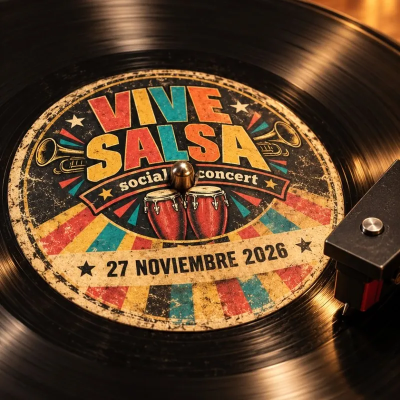 Disco de vinilo con la etiqueta de Vive Salsa Social Concert, 27 de noviembre de 2026